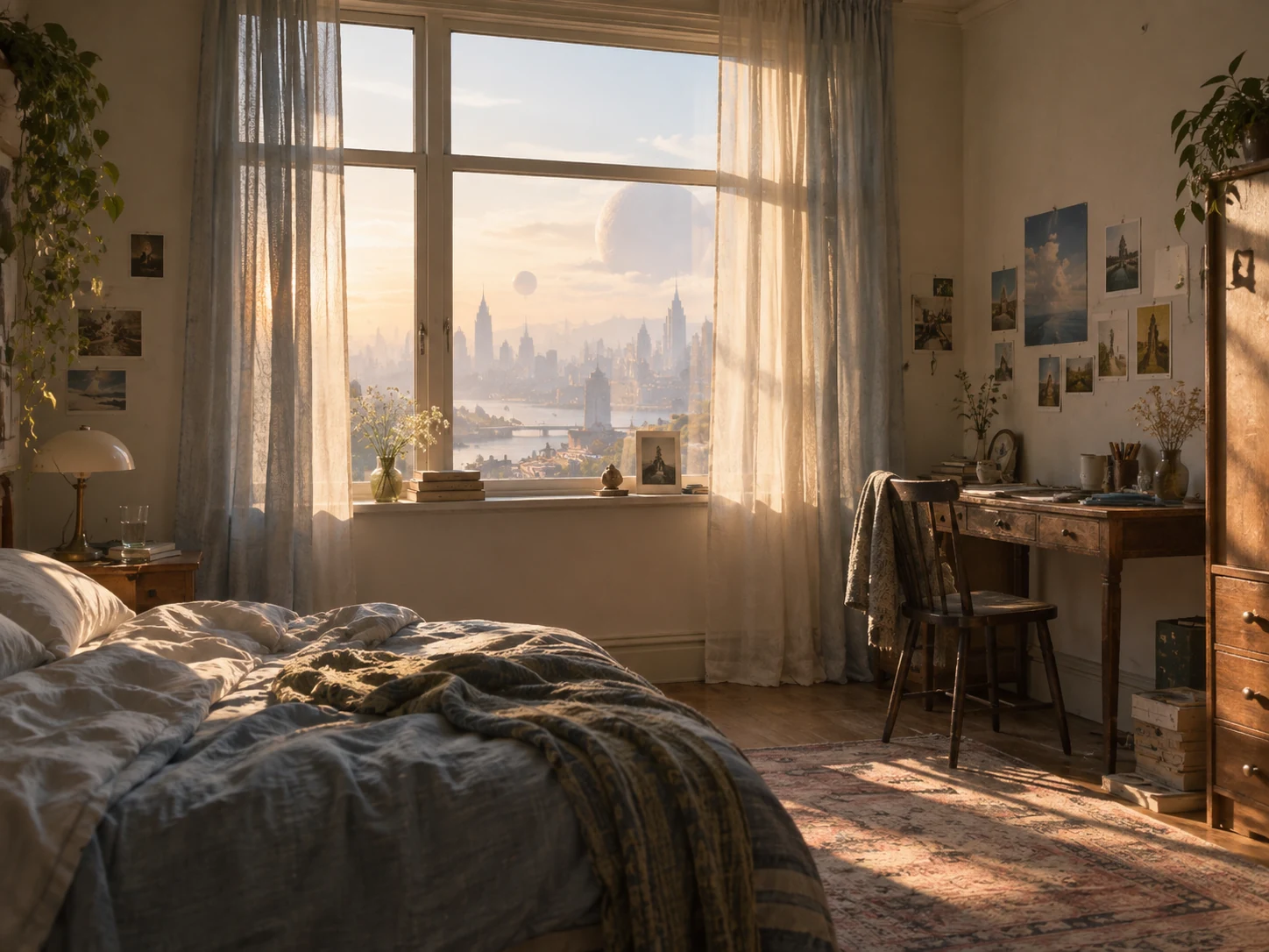 Quiet sunlit bedroom overlooking a distant dreamlike city