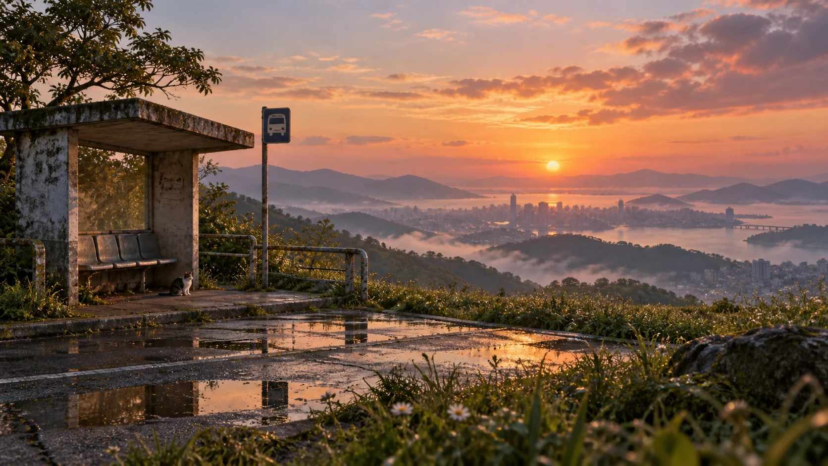Dreamcore sunrise overlooking a misty city