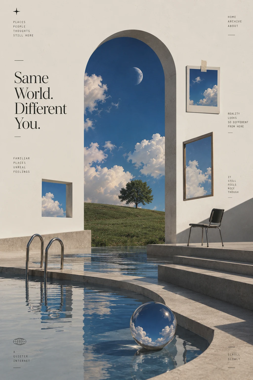 Morning dreamscape poster with a blue sky, open arch and reflective water