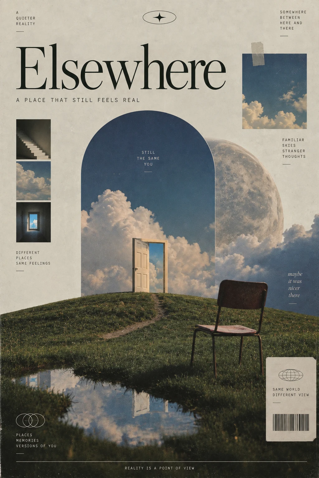 Afternoon dreamscape poster with clouds, a doorway and a chair on grass