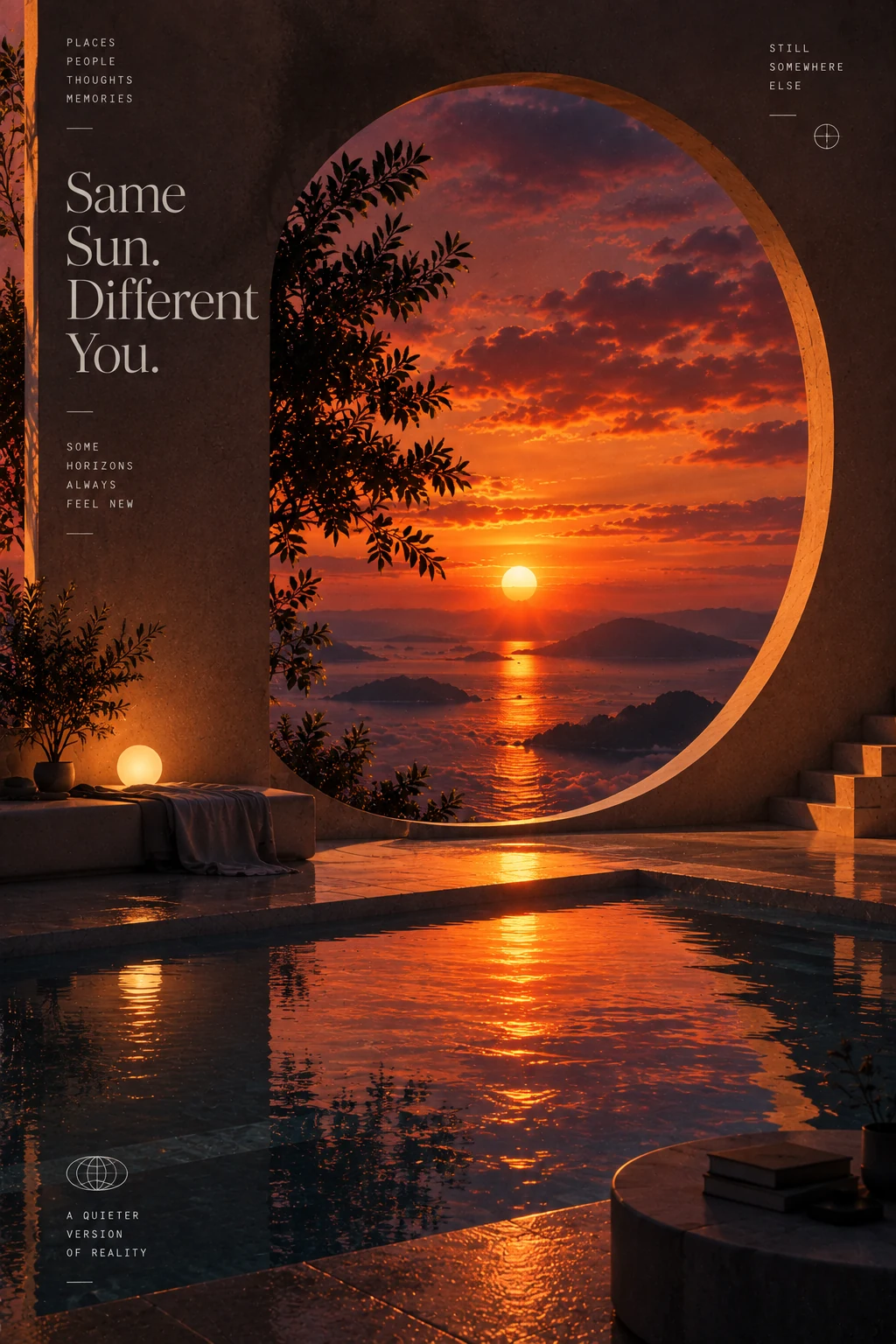 Warm surreal interior poster framing an orange horizon above reflective water