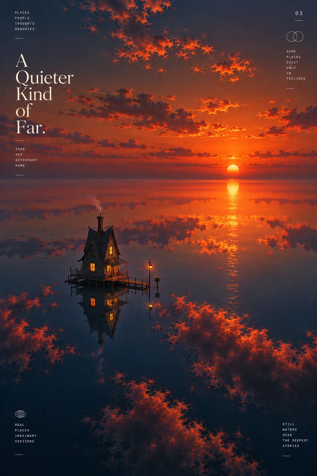 Deep orange sunset poster with a solitary house reflected in water