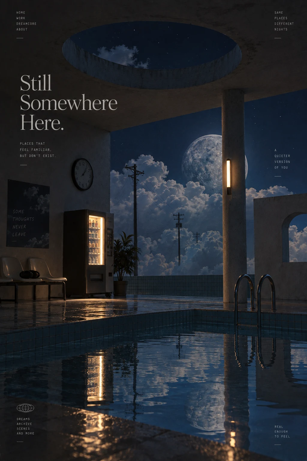 Moonlit night poster with a surreal open room and reflective pool